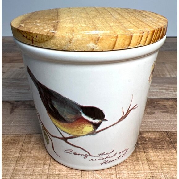 Ceramic Jar With Floral & Bird Design Wooden Tall Decorative Jar - Picture 1 of 7